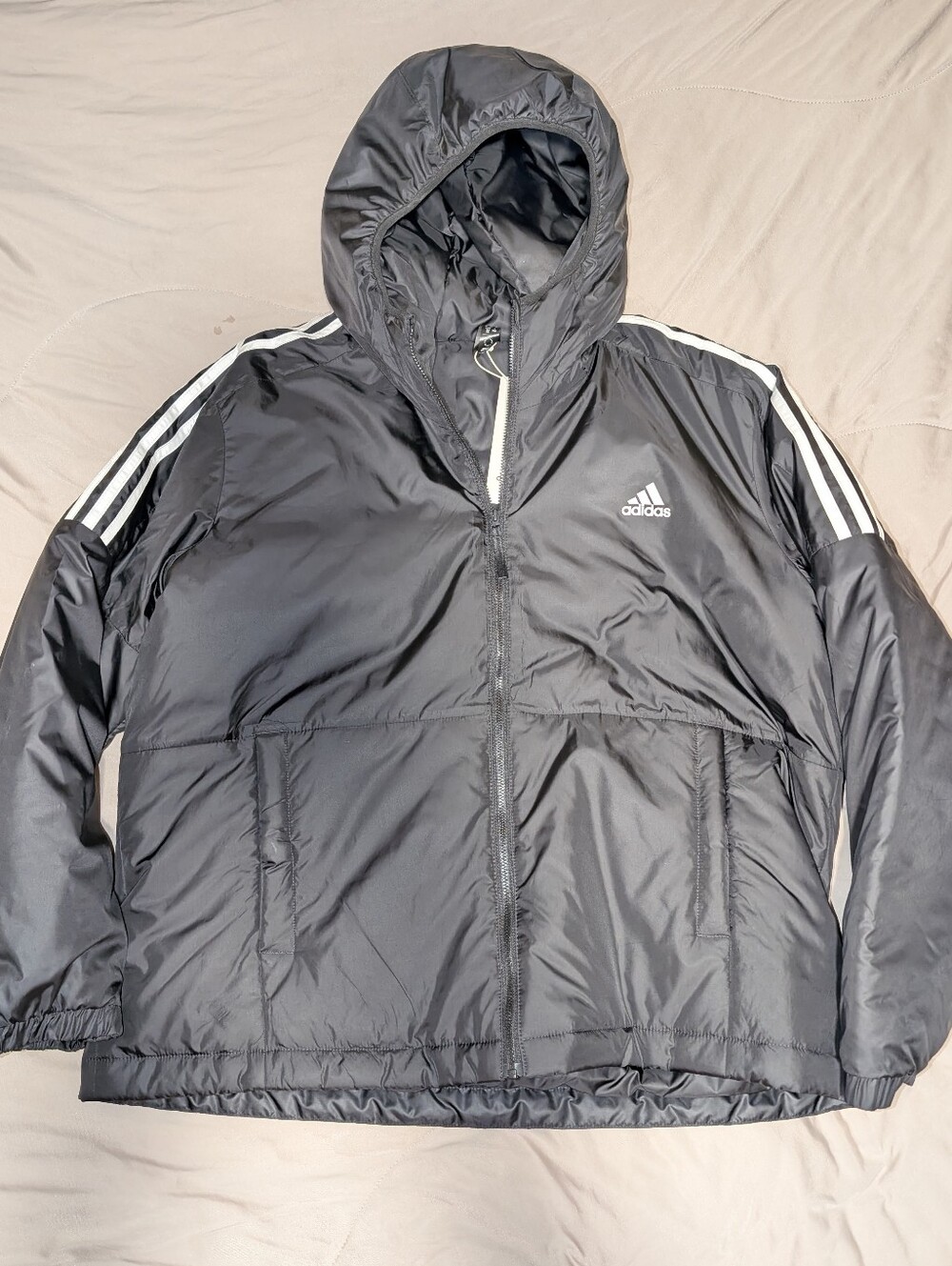adidas Black Hooded Puffer Jacket with White Stripe Details